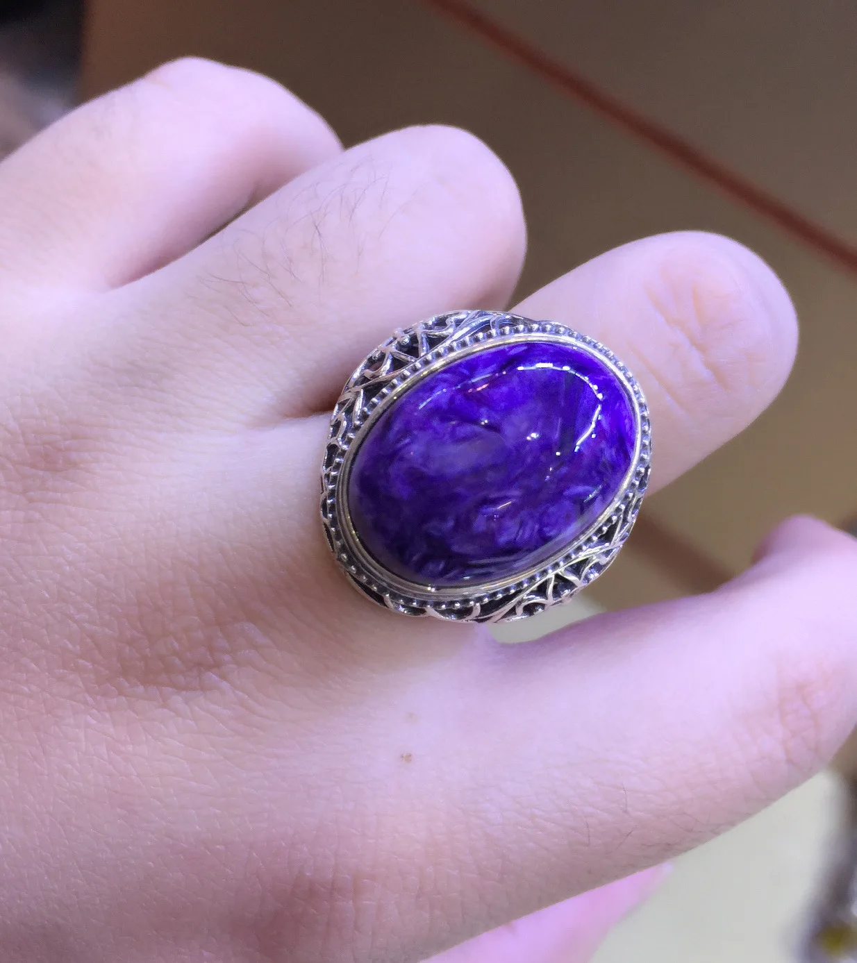 

925 Sterling Silver Natural Charoite Ring bijoux Men's and women's Fine gemstone adjustable ring Party wedding jewelry gift