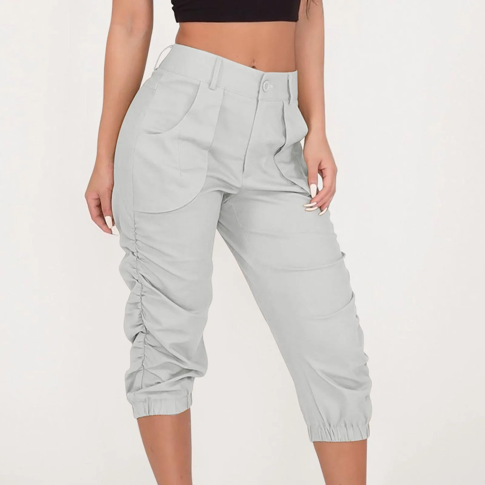 

40# Cropped Rrousers Harem Pants Beam Foot Casual Pants For Women Straight Wide Leg Pocket Loose Shorts Pantalon Pour Femme