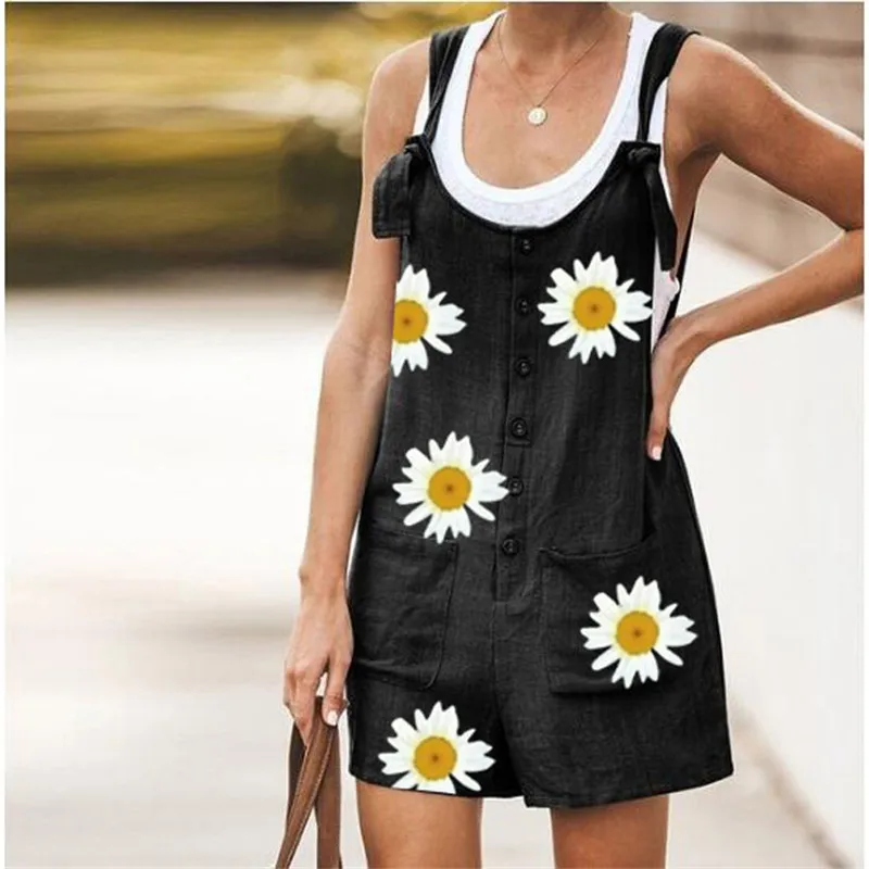 

Summer Cute Daisy Print Overalls Women Sleeveless Loose Pockets Rompers Casual Backless Bodysuits Y2K Jumpsuit Female Clothes