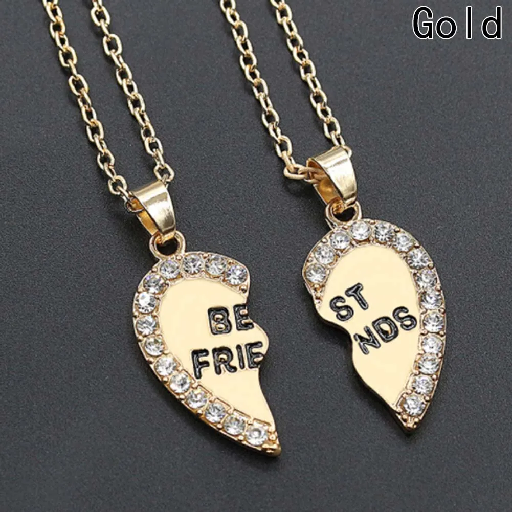 

New 1 Pair Half Love Heart Rhinestone Pendant Best Friends Necklace Friendship Gift