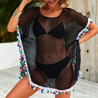 chiffon black t shirt beach cover tops women beachwear ruffle tassel dressing swimsuit lady sleeveless perspective net yarn tops