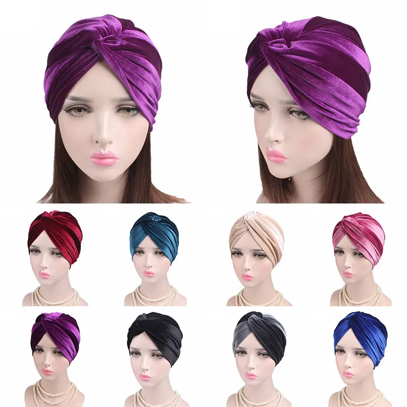 

Эластичный бархатный/Шелковый перекрещивающийся тюрбан, модные мусульманские женские облегающие шапки, шапки, головной убор, однотонные а...
