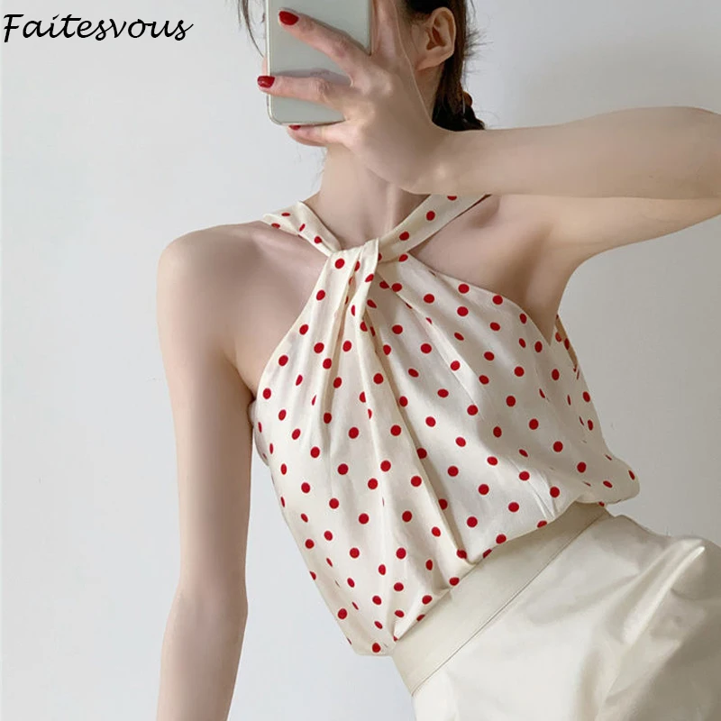 Женский шифоновый топ с открытой спиной привлекательный милый жилет в горошек