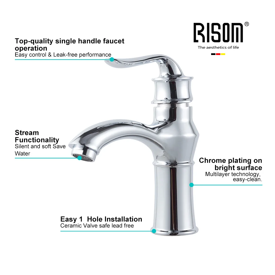 

RISOM Brass Basin faucet Chrome Basin Mixer Tap Bathroom cold and hot Water Faucet Mixer Water Sink Classic