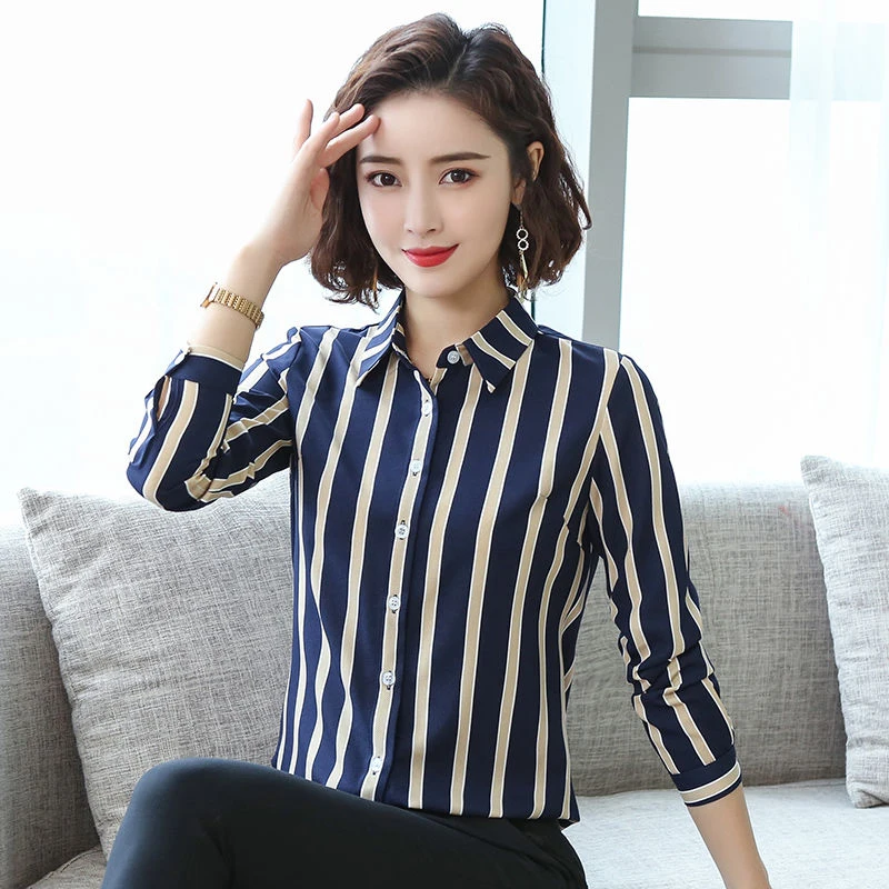 

Spring Autumn Style Women Office Work Wear Blouses Shirts Lady Slim Long Sleeve Striped Printed Blusas Tops ZZ0325