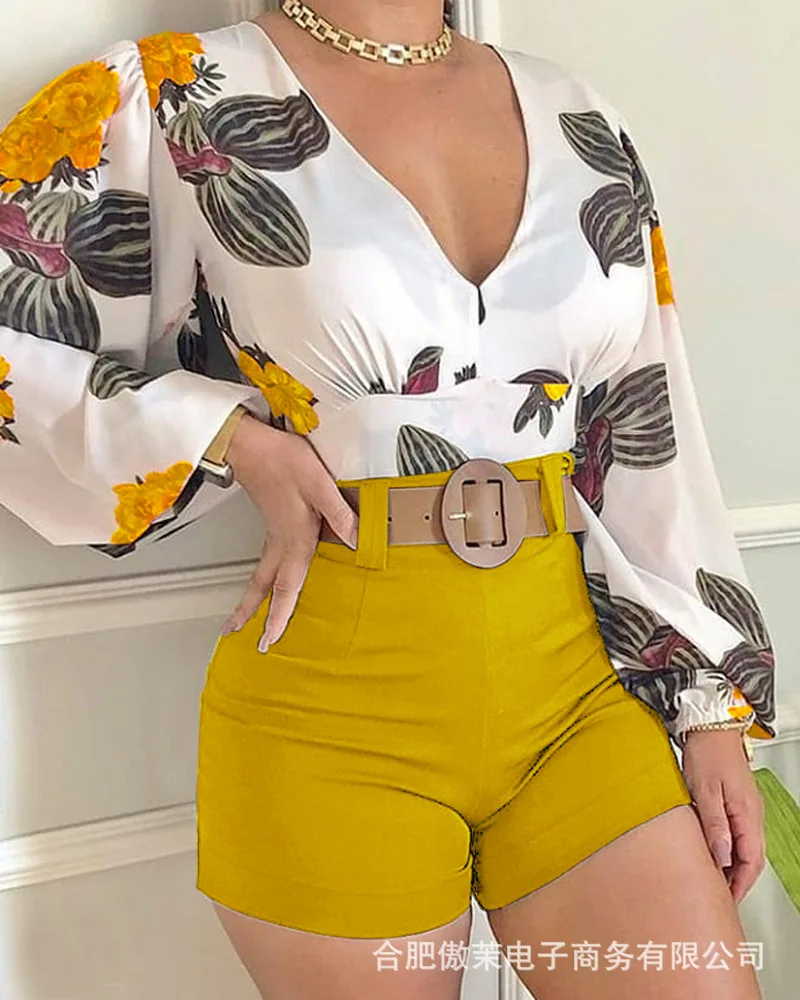 

European and American new women's floral long-sleeved V-neck casual suit shorts