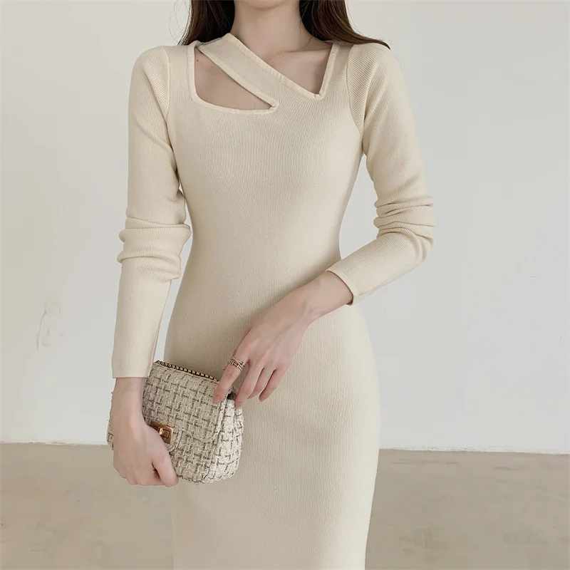 Croysier Fall Winter Sweater Dresses For Women 2021 Long Sleeve Ribbed Knitted Midi Dress Asymmetric Neck Sexy Bodycon Dress