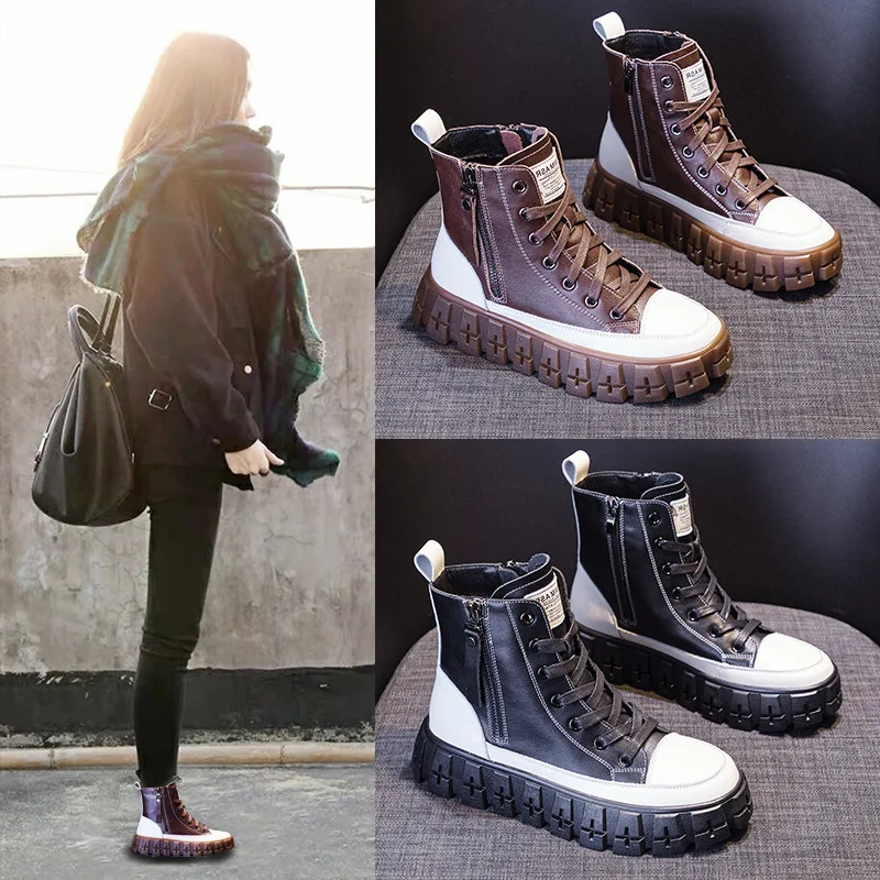 

Кожаные Ботинки Martin на резиновой подошве, осень 2021, короткие ботинки, женские низкие ботинки на толстой подошве, короткие ботинки в британск...