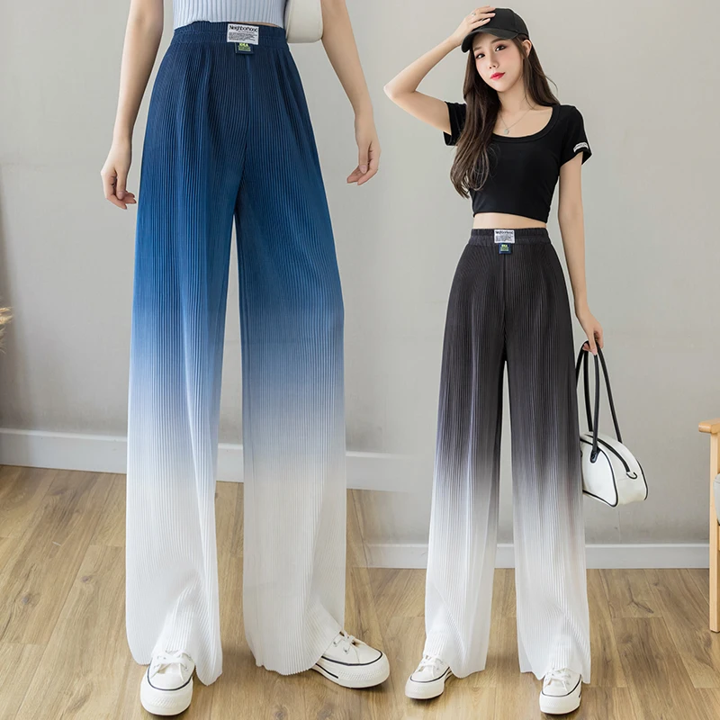 

Эластичные градиентные плиссированные длинные широкие брюки с высокой талией, женские летние тонкие свободные прямые брюки, Повседневная ...