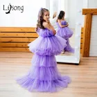 Лавандовое Пышное Платье для девочек со шлейфом, милое детское Тюлевое платье-пачка с цветами для девочек, 2021, платье принцессы для дня рождения