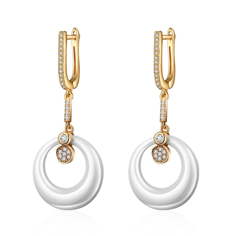 gold white MAIKALE, трендовые круглые керамические висячие серьги, длинные медные позолоченные серебряные серьги с кубическим цирконием, высококачественные серьги, отправка другу - Окраска металла: gold white
