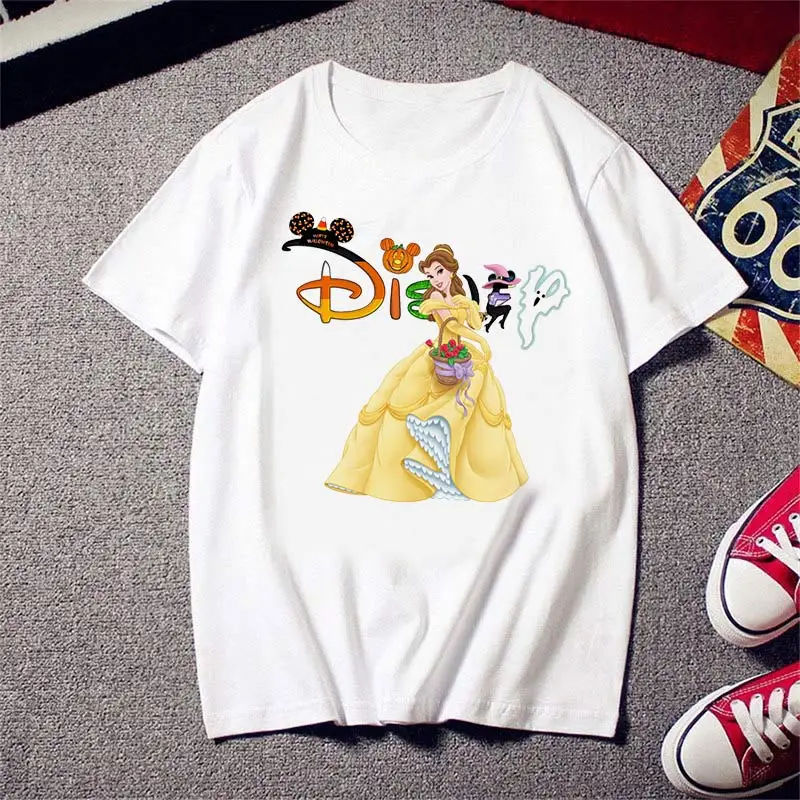 

Disney T Shirts Fashion Cartoon Princess Belle Printed Girls Tshirts Harajuku Women Summer Short Sleeve T-shirts Loose Tops Tee