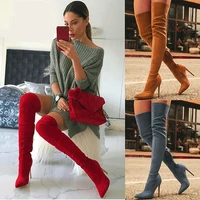 womens elastic thigh boots pointed toe high heels long bootas suede side zipper stretch booties autumn winter fall winter party