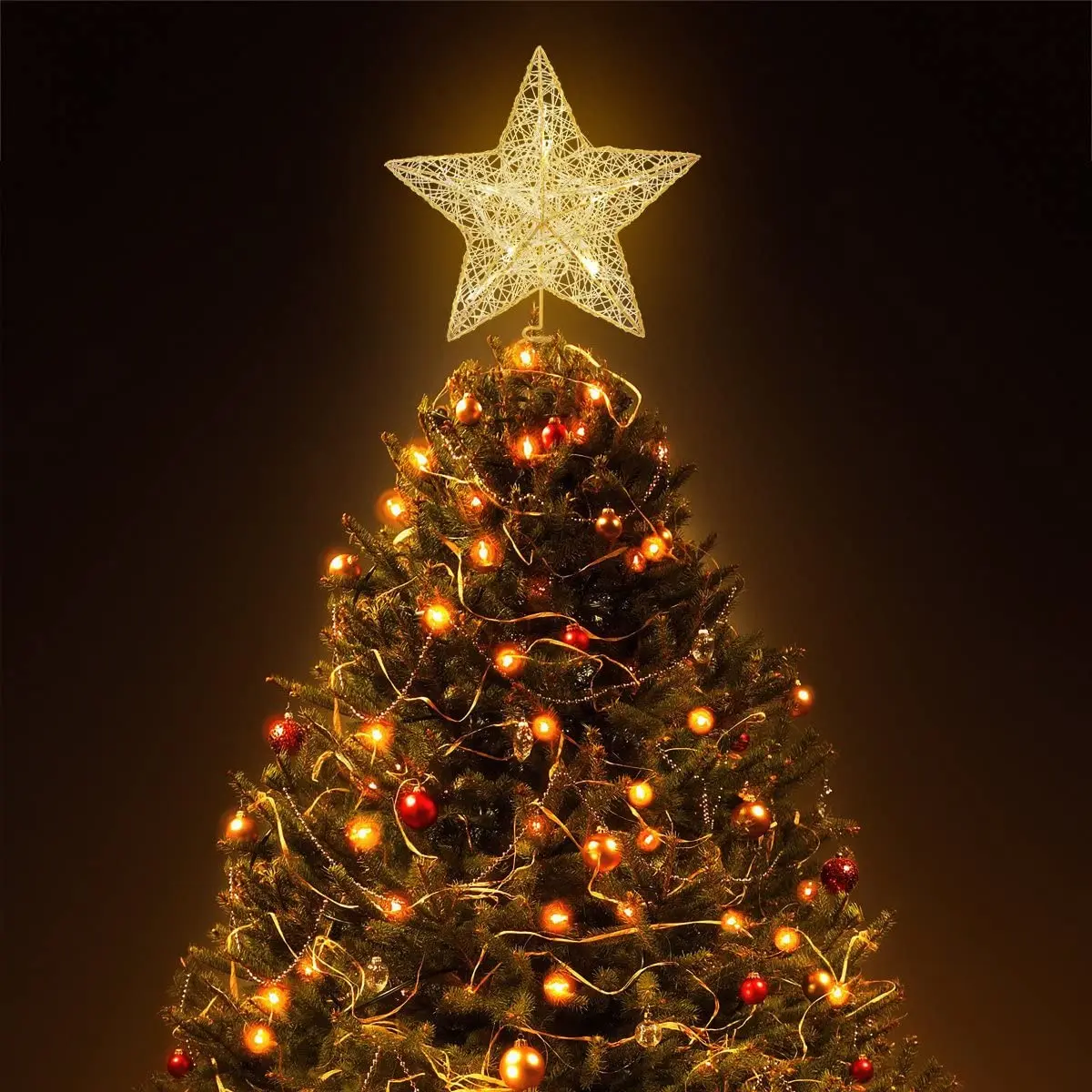

2022 New Year Gift Five Pointed Star Christmas Tree LED Ornaments Stars Light Christmas Tree Toppers Golden Five Pointed Star