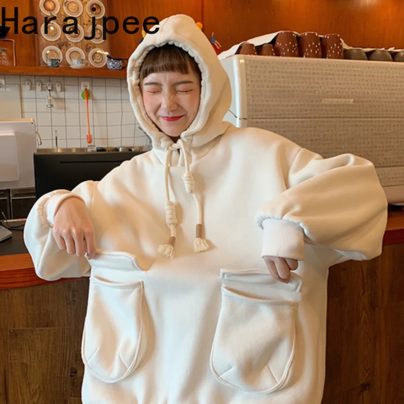 

Женский свитер с капюшоном Harajpee, однотонный свободный бархатный плотный топ с карманами и длинными рукавами, новинка 2021 года, весна и осень, ...
