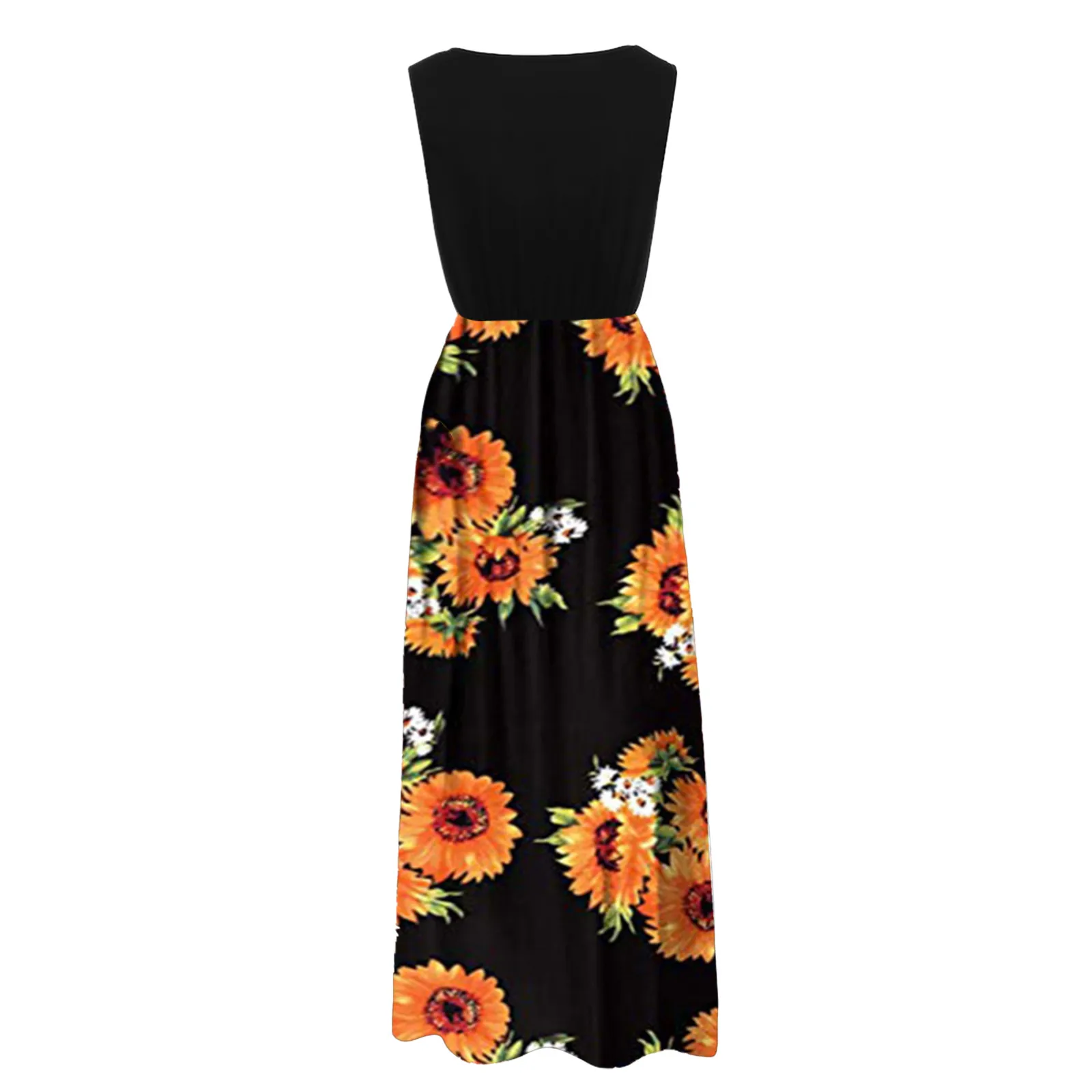 

40# Floral Pockets Long Dress Casual Sleeveless O Neck Floor Length Dress Elegant Loose Evening Party Dresses For Women 2021