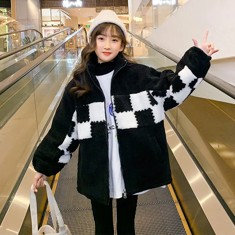 

Флисовое пальто для девочек, зимняя теплая Повседневная шерстяная куртка, детская одежда, черно-белая клетчатая детская верхняя одежда, мод...