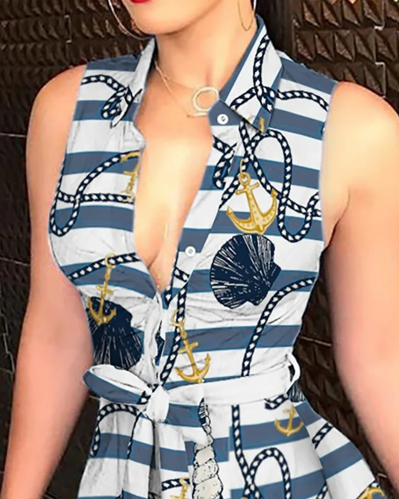 Striped Print Tie Waist Sleeveless Shirt Dress | Женская одежда
