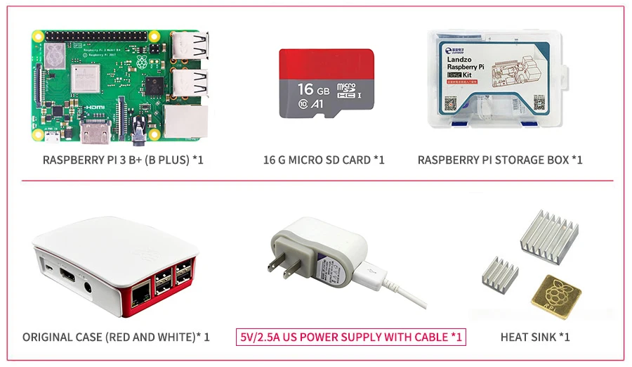 Raspberry Pi 3 Model B+ комплект 16G SD карты+ чехол+ 5 V/2.5A EU/US Питание с кабелем+ теплоотвод