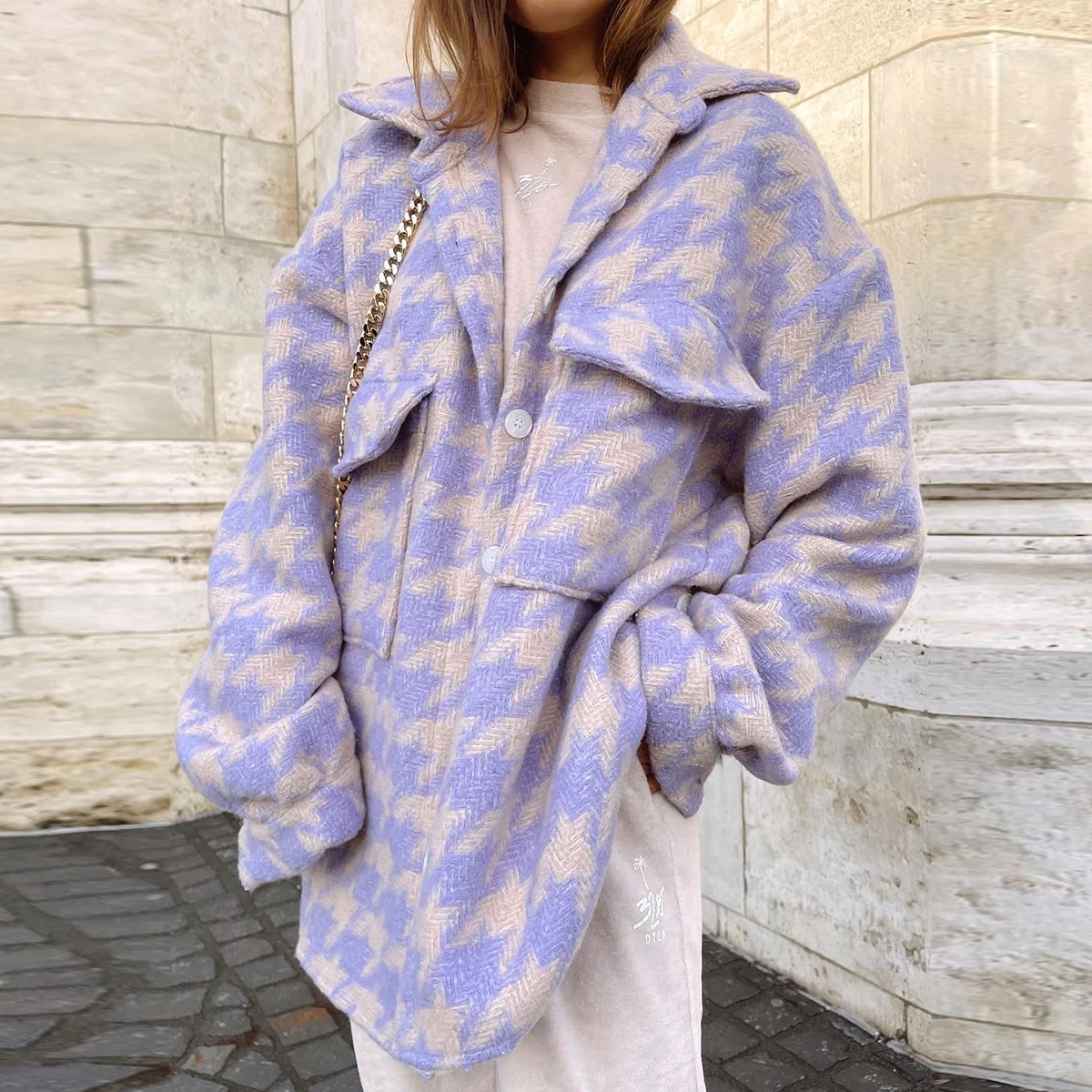 

Jastie/зимние женские куртки-рубашки с принтом «гусиные лапки», с отложным воротником и карманами, Свободный кардиган с длинными рукавами, пал...