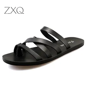 Шлепанцы мужские из натуральной кожи, сланцы для пляжа, плоская подошва, модная выразительная обувь для отдыха, Прошитые однотонные, летние