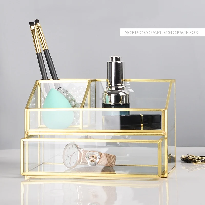 

2020 New Fashion Glass Makeup Brush Storage Box Jewelry Box Cosmetic Tube Clear/Gold Makeup Organizer With Drawer