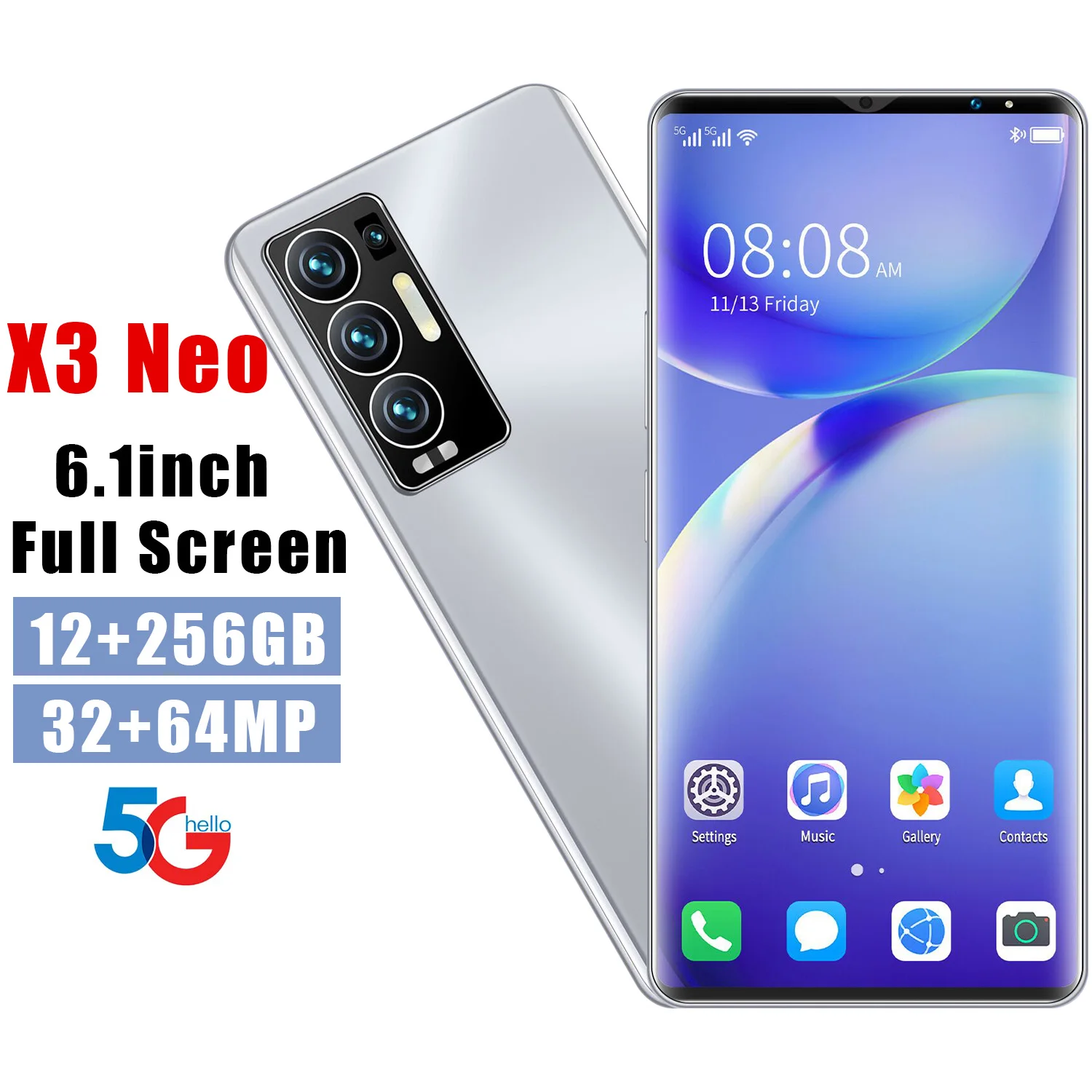 

2021 X3 NEO 6.1 Inch Full Screen 12GB+256GB 32MP+64MP Smartphone 5G Network 10 Core MT6889 1440*3200 6000 MAH Face ID Android 11