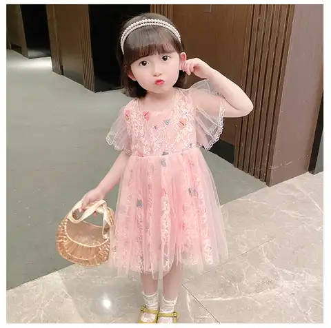 LISUNNY 2021 летнее платье принцессы для девочек Модное детское платье с коротким рукавом Кружевное платье с цветочным принтом детская повседне...