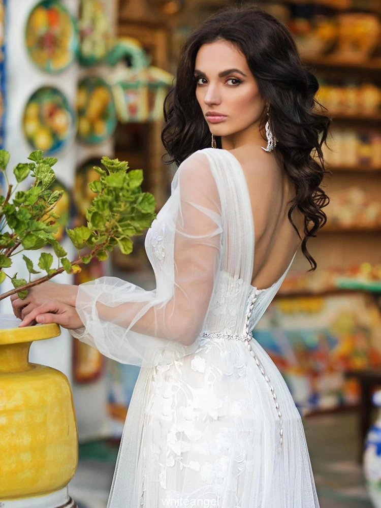 

YILIBER Lace wedding dress v-neck long sleeve simple wedding gown belt decoration embroidery applique big skirt