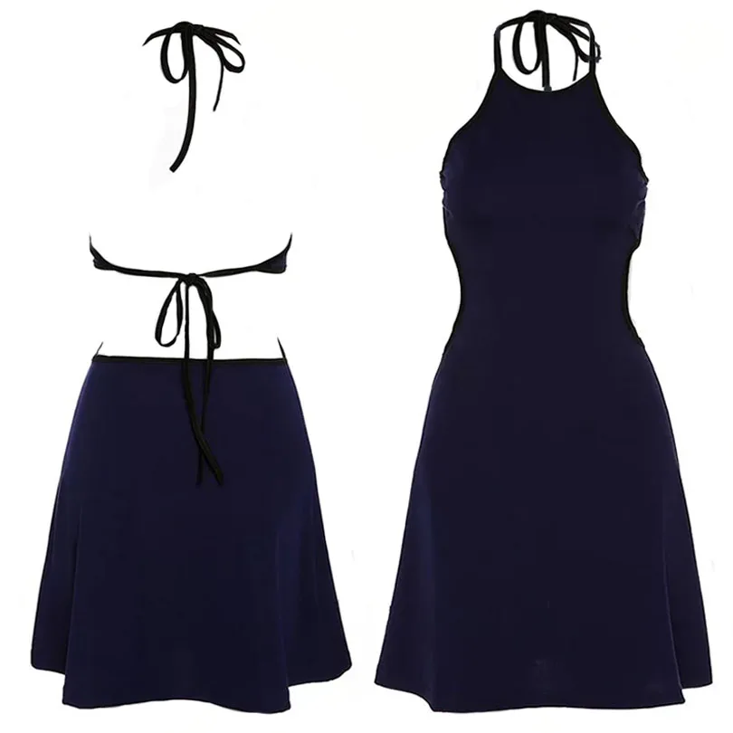 

XUXI Women Tight Beach Skirt, Sexy Mini Skirt, Neckline Sling, Backless Cross Band, High Waist, Frill, Sleeveless, E1044