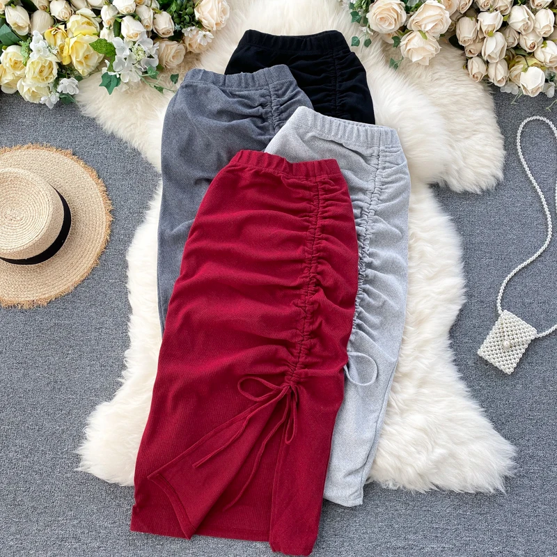 

Women's spring autumn new fashion folded high-waisted split skirt female slim sexy pencil skirt TB1162