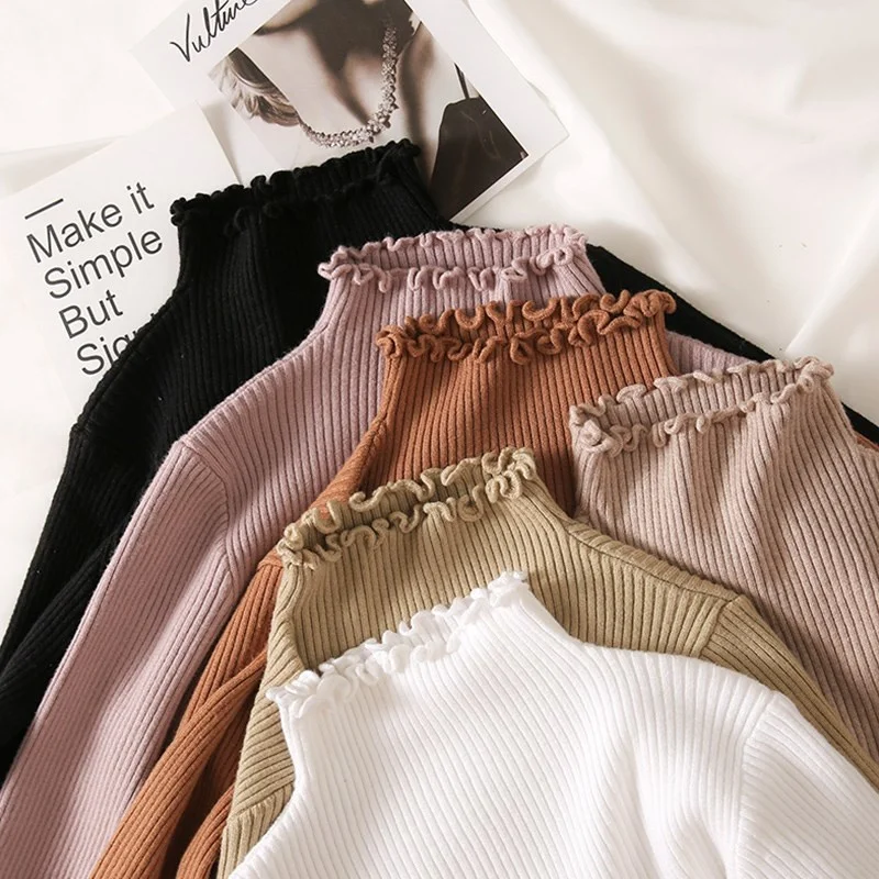 

Women's high neck wrinkled sweater, solid high elastic sweater, autumn and winter fashion, sexy tight knit sweater, pink and