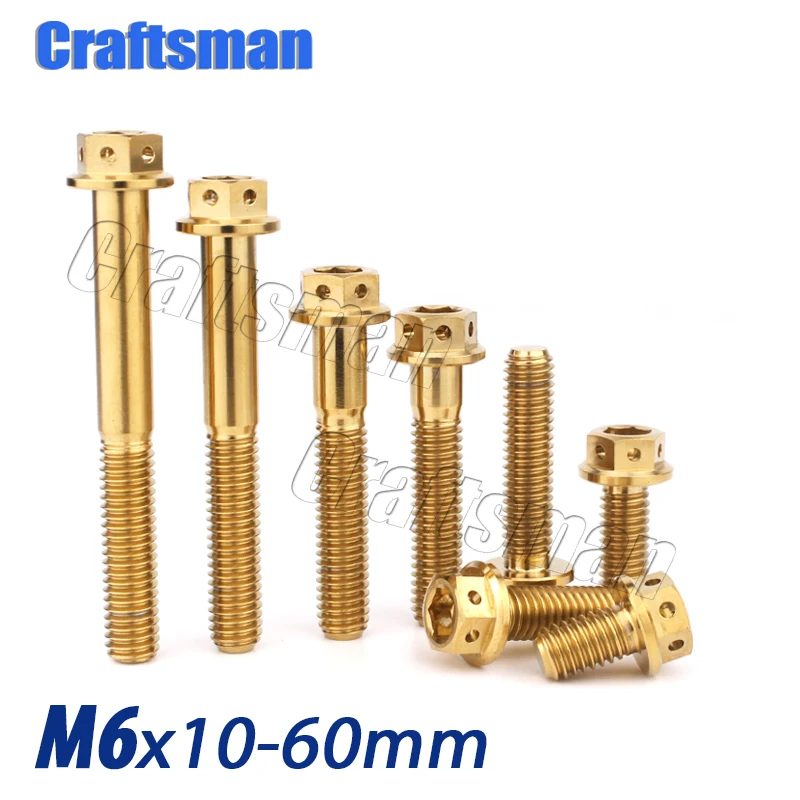 

1Pcs Titanium Bolts M6x10 15 20 25 30 35 40 45 50 60mm Motorcycle Engine Shell Bolt Gold Hexagon Flange Head with Holes Screws