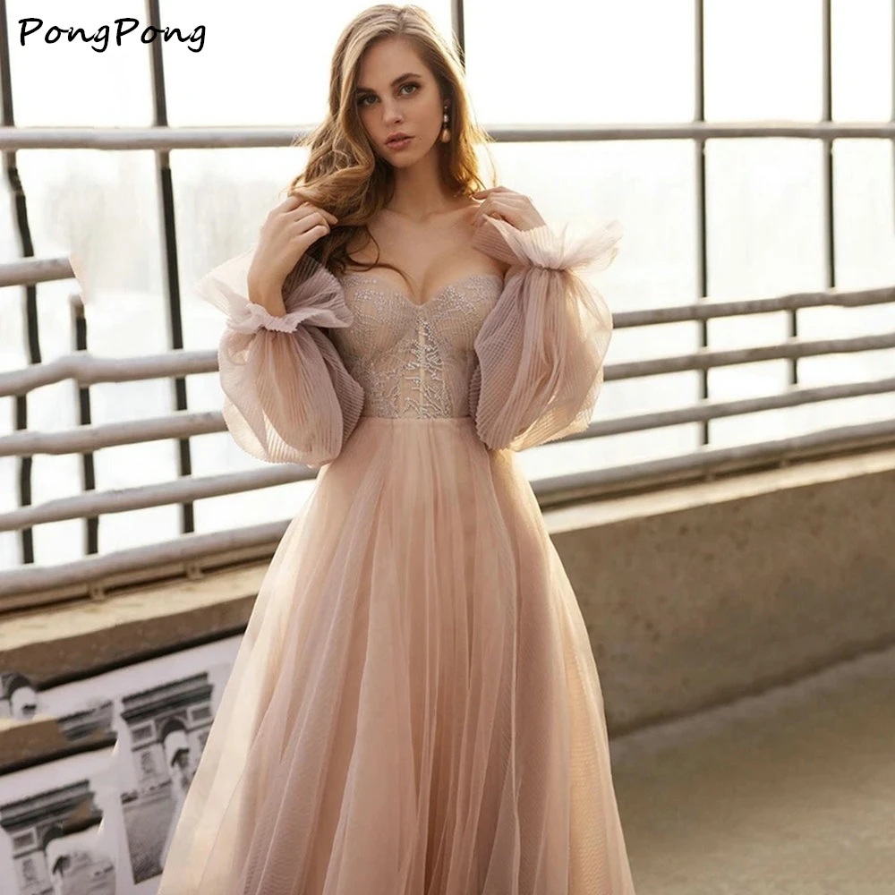 

Dusty Pink Tulle A Line Sweetheart Wedding Dress With Detachable Puff Long Sleeves Garden Country 2021 Bridal Gowns