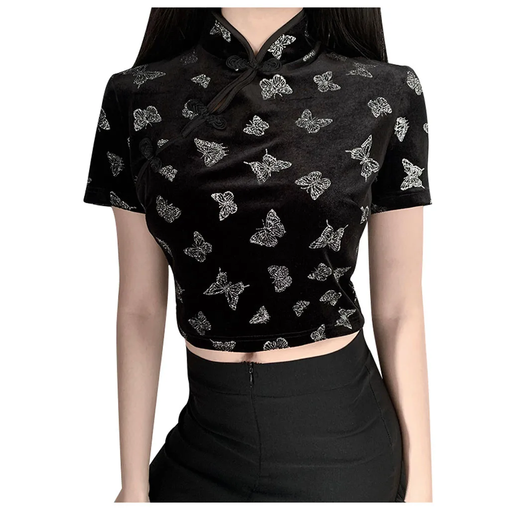 Винтажные топы с вышивкой бабочки женские летние пикантные Чонсам в китайском