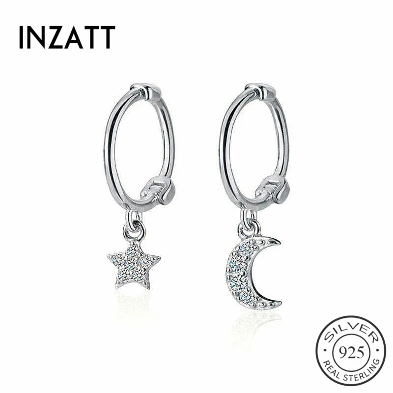 

INZATT реальные 925 Стерлинговое Серебро Циркон в форме сердца с изображением луны и звезд, Huggies обруч серьги для модных женщин; Ювелирные издели...