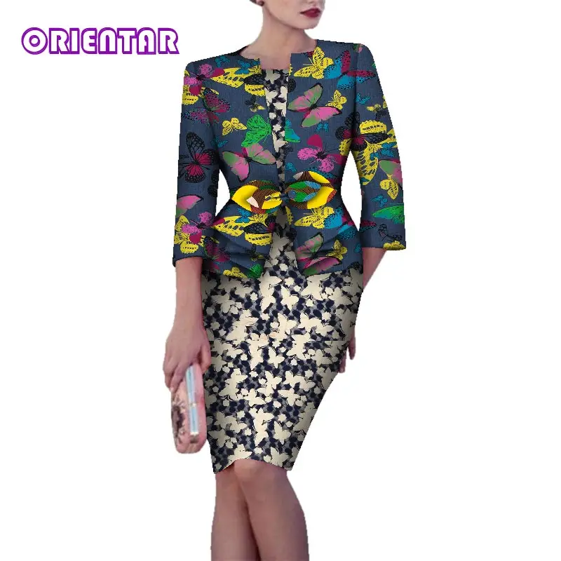 2020 Elegant Women African Dress with Coat Bazin Riche African Print Cotton African Lace Dress Lady Office Short Dresses WY5944