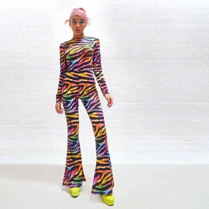Rainbow Zebra Print Jumpsuit Women Long Sleeve Flare Pants Ladies Rompers Open Back Female Catsuit Backless |