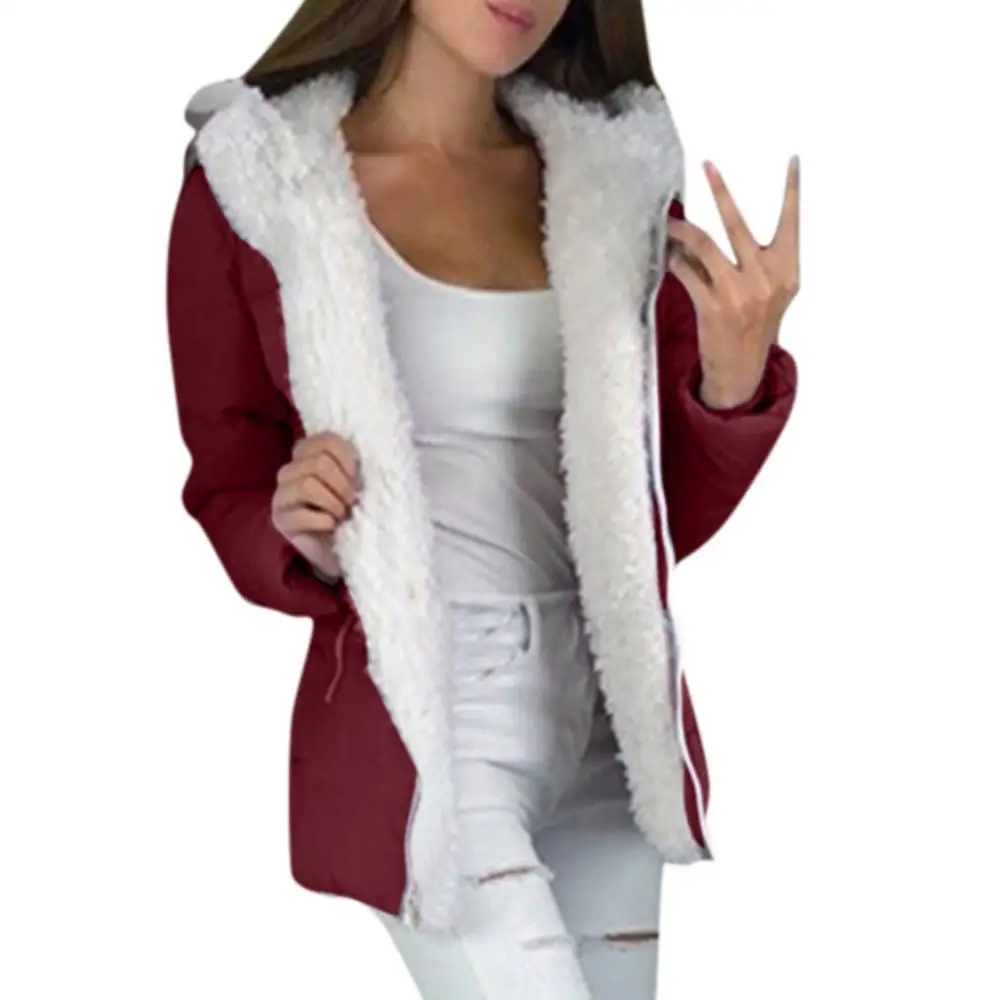 Wholesales Women Autumn Winter Solid Color Zipper Hooded Jacket Thickened Warm Cotton Coat