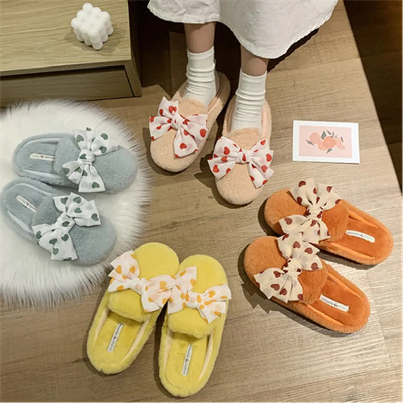 

New Winter Women's Cozy Fur Memory Foam Slippers House Shoes Indoor Lovely Warm Soft Plush Hairy Comfortable Fashion Bowknot