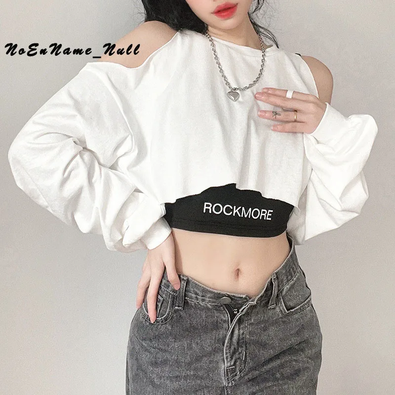 

Autumn new two-piece set 2021 sexy print hollowed out off shoulder Gothic crew neck blouse women Punk Y2K Hollow Out Crop Tops