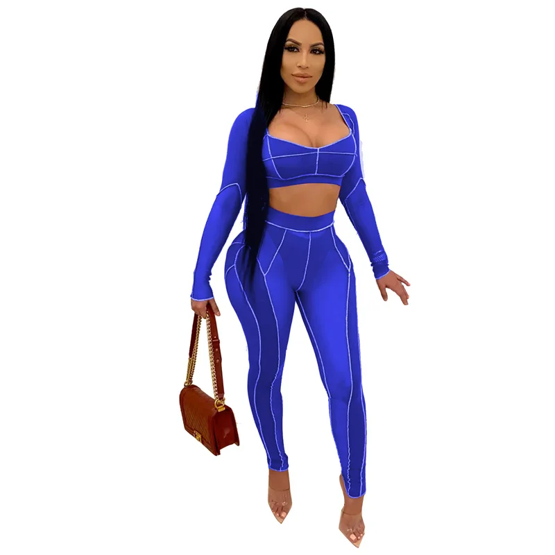 

Sexy Summer Clothes Skinny See-Through Two Piece Set Club Outfit Long Sleeve Tank Crop Tops+Fitness Legging Pants Sweat Suits