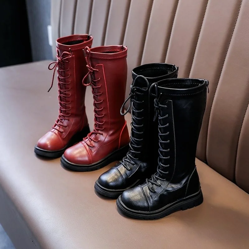 

Girls Autumn Korean Style Boots 2021 Kids High Black Red Boots Fashion Luxurious Warm PU Spring Boots Drop Shipping size 26-36