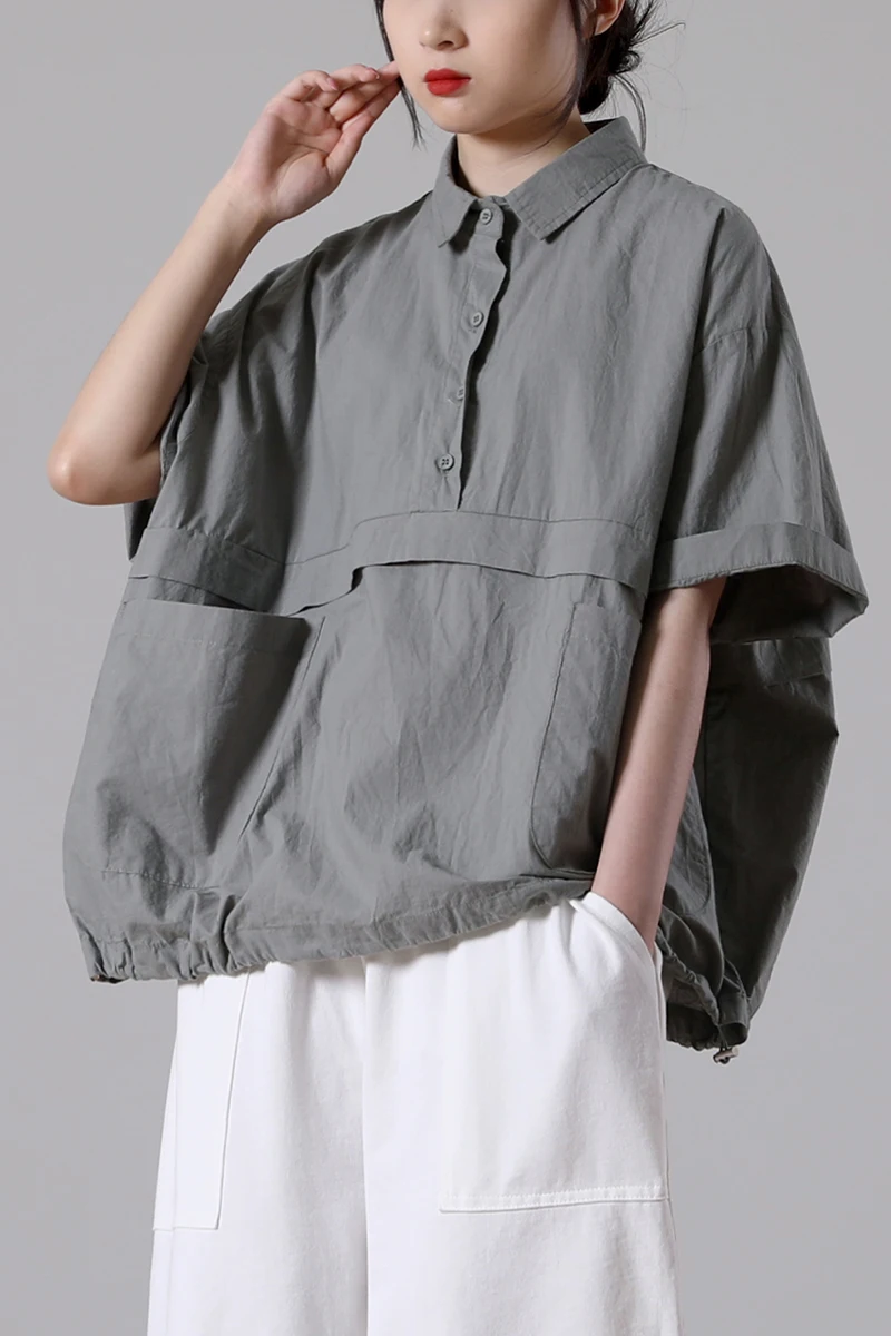 

IEQJ 2021 new summer fashion women clothes turn-down collar short sleeves single breasted pullover plus size shirt WS20402