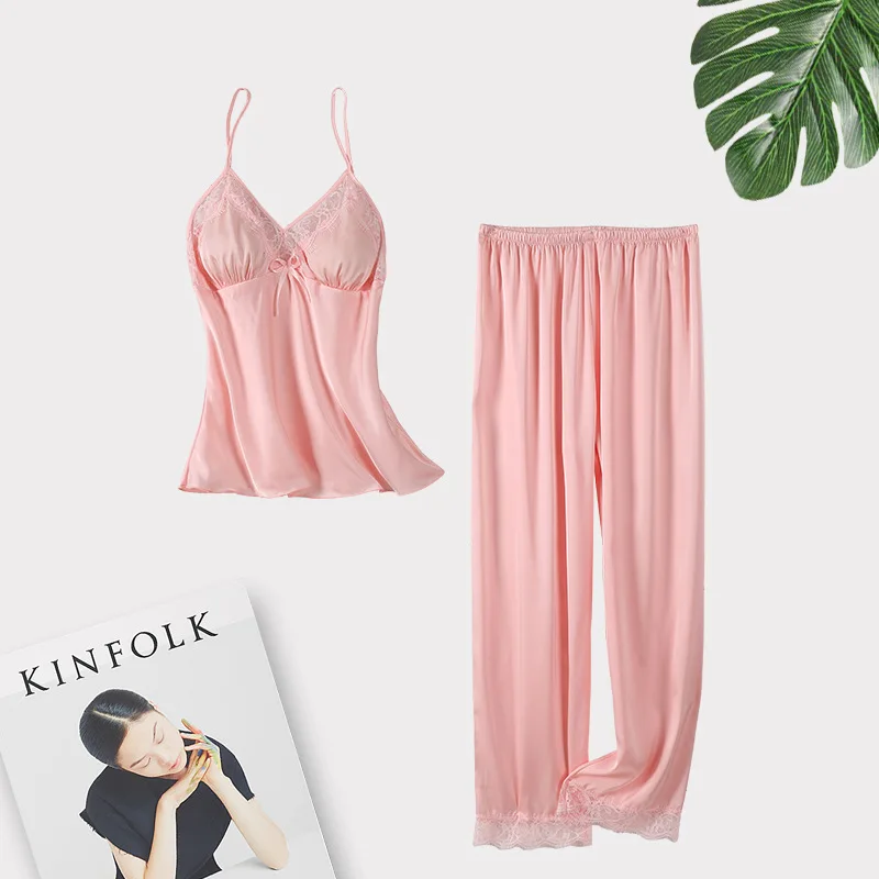 

Silky Satin Pijamas V-Neck Sleeveless 2PCS Strap Top&Pants Summer Sexy Women Pajamas Set Sleepwear Loose Casual Home Clothes