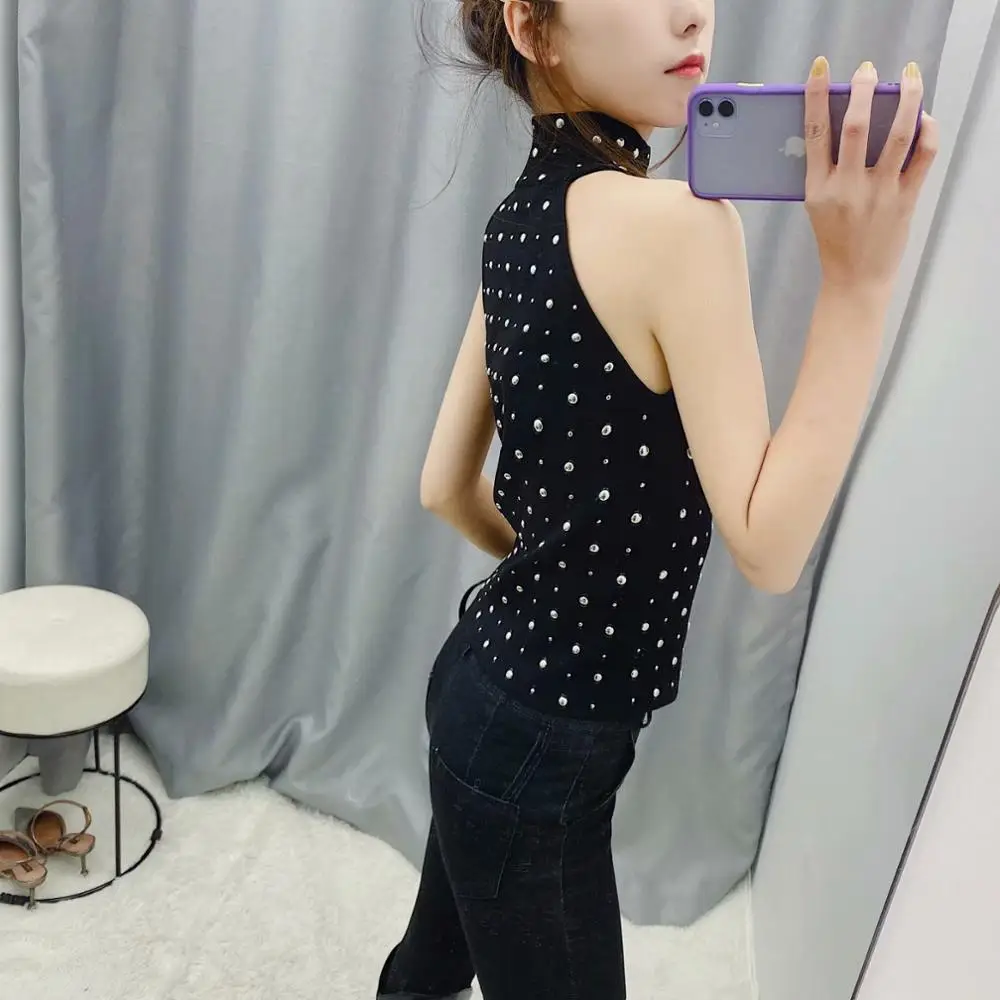 Женский трикотажный свитер ZA черный свободный без рукавов с металлическими