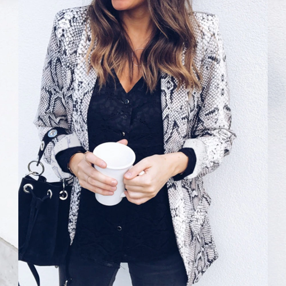 Осенний винтажный Женский блейзер со змеиным принтом с карманами леопардовое