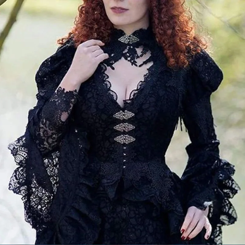 

Autumn Winter New Womens Dress Dark Gothic European And American Retro Palace Dress Lace Flare Sleeve Slim Dress Long Skirt
