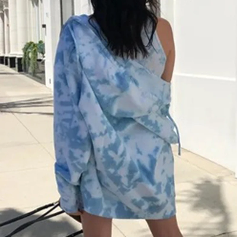 

Tie Dye Print Hooded Women Jacket Summer New Zipper Drawstring Sweatshirt Loose Fashion Sweetwear Pockets Thin Coats