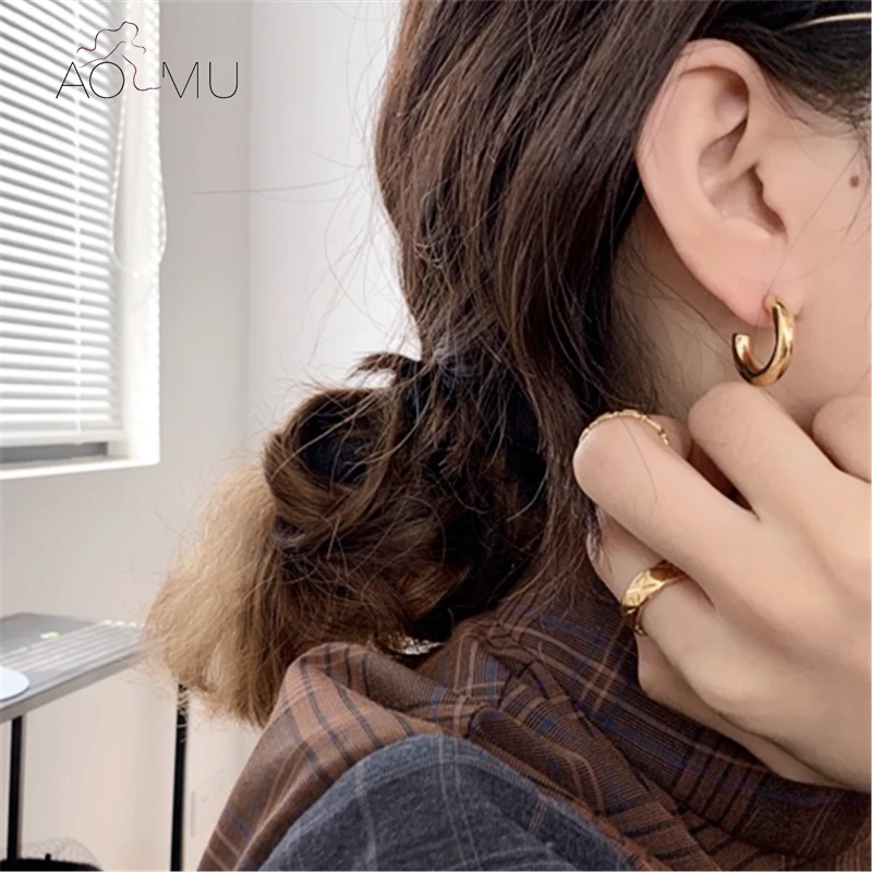 AOMU 2020 New S925 Geometric Minimalism Round Gold Color Silver Metal Simple Small Hoop Earrings for Women Party Jewelry | Украшения и